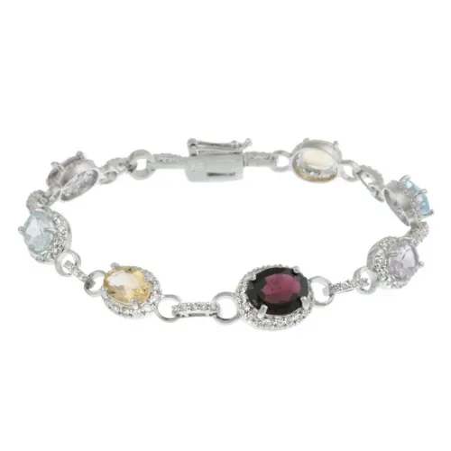 Sterling Silver Multi Color Edelstein & CZ Oval Link Armband