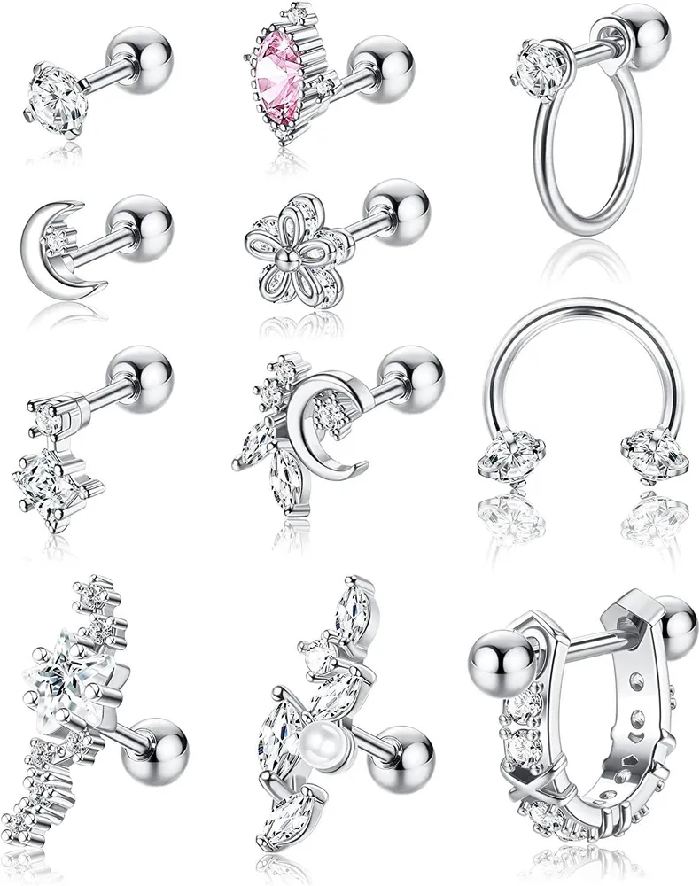 16G Knorpel-Stapel - Ohrringe für Frauen 316L Edelstahl-Knorpel - Ohrringe Stud Hoop CZ-Ohrringe Conch Forward Helix Tragus Daith Piercing 11Pcs