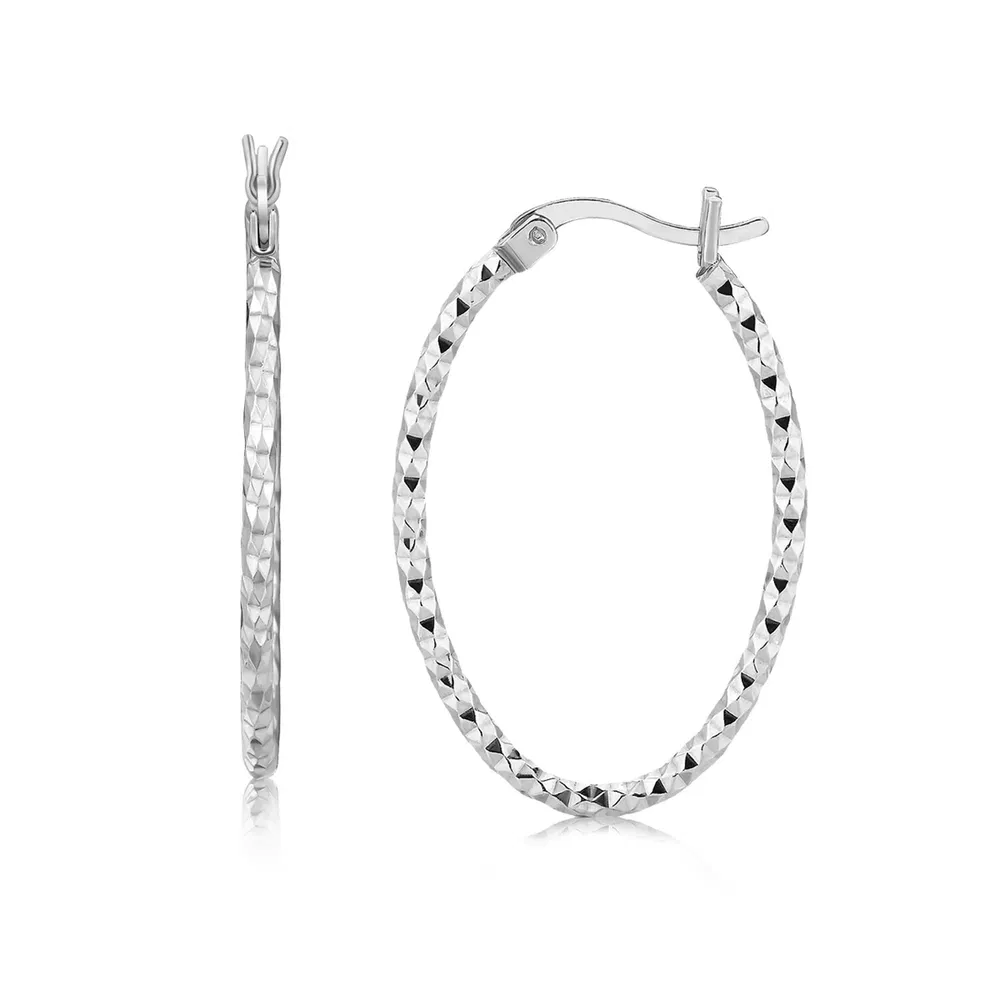 Sterling Silver Rhodium Plated Textured Diamond Cut Classic Hoop Ohrringe (2x25mm)