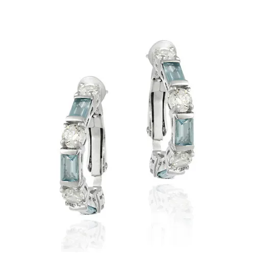 Sterling Silber Aquamarine CZ und CZ Omega Hoop Ohrringe