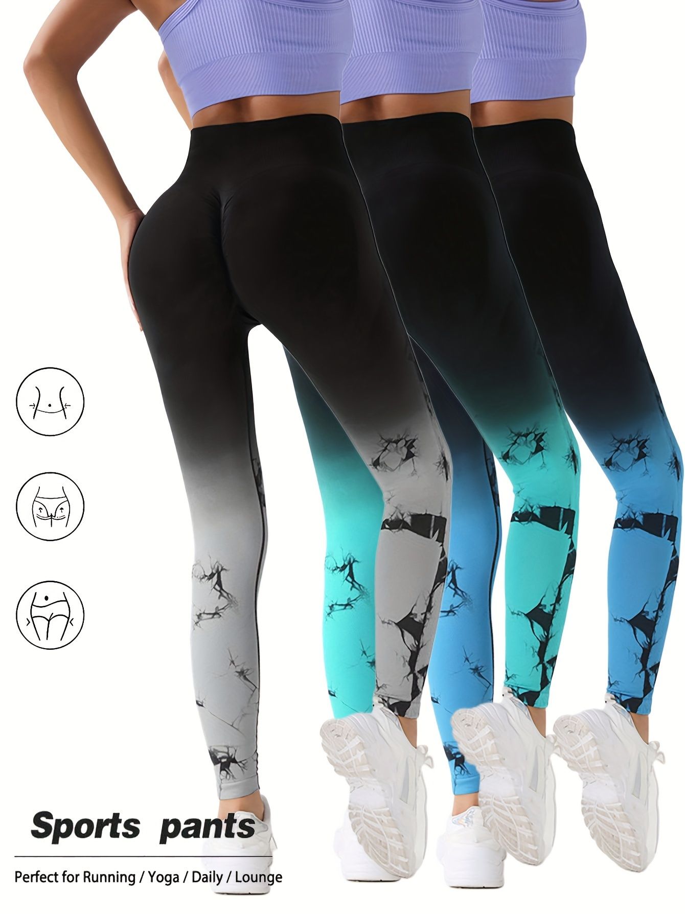3 Pack Damen Krawatte Färbung Farbe Gradient Yoga Sports Leggings, Ruched High Waist Workout Nahtlos Scrunch Booty Leggings Butt Lift Athletic Leggings Tummy Control Yoga Hosen
