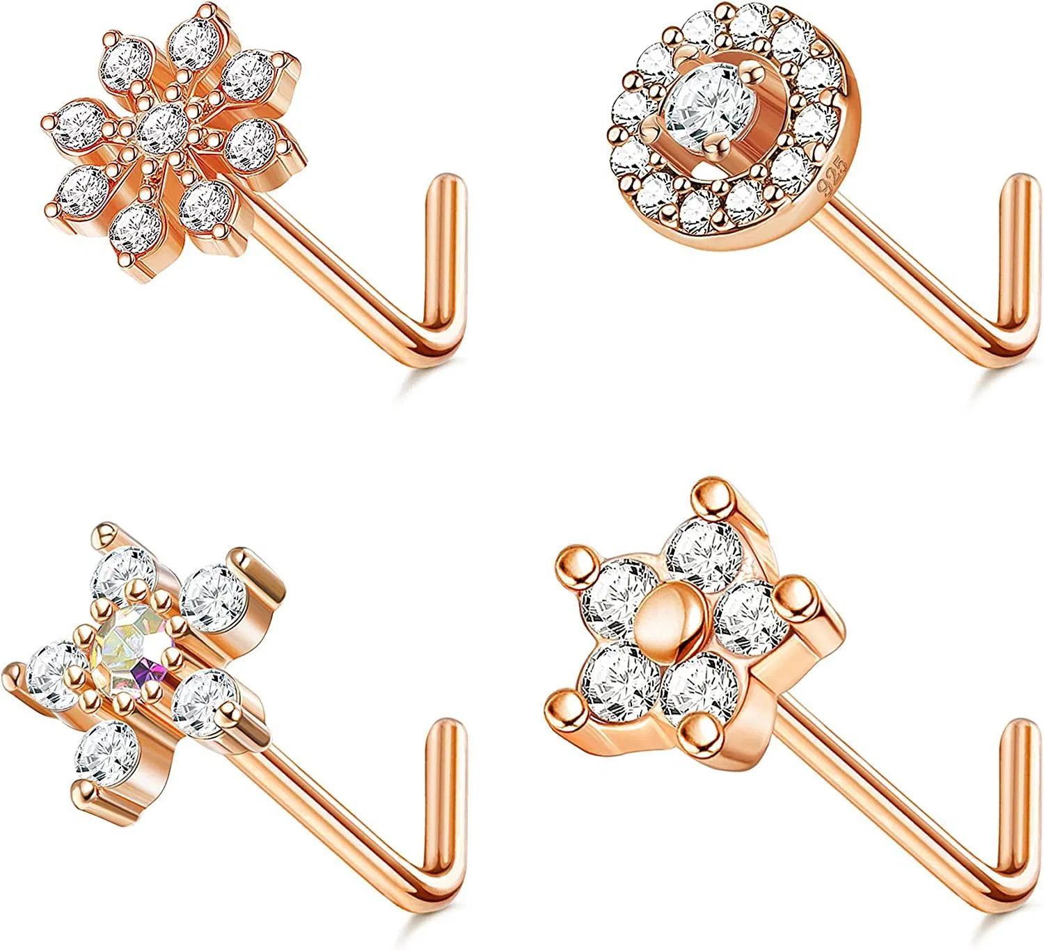 4pcs 925 Sterling Nasen Ringe Stud Für Frauen 20G Nasen Studs gepflastert CZ süße Blume Stern Nasen Piercings L-geformte Schraube Nasen Ring hypoallergener Nasen Schmuck