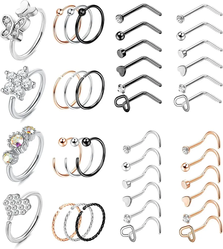 40pcs 20G Nasenringe Studs Edelstahl Nasenringe Hoop für Frauen Männer L-Form Schraube Nasen Studs Nasenloch Piercing für Frauen Männer