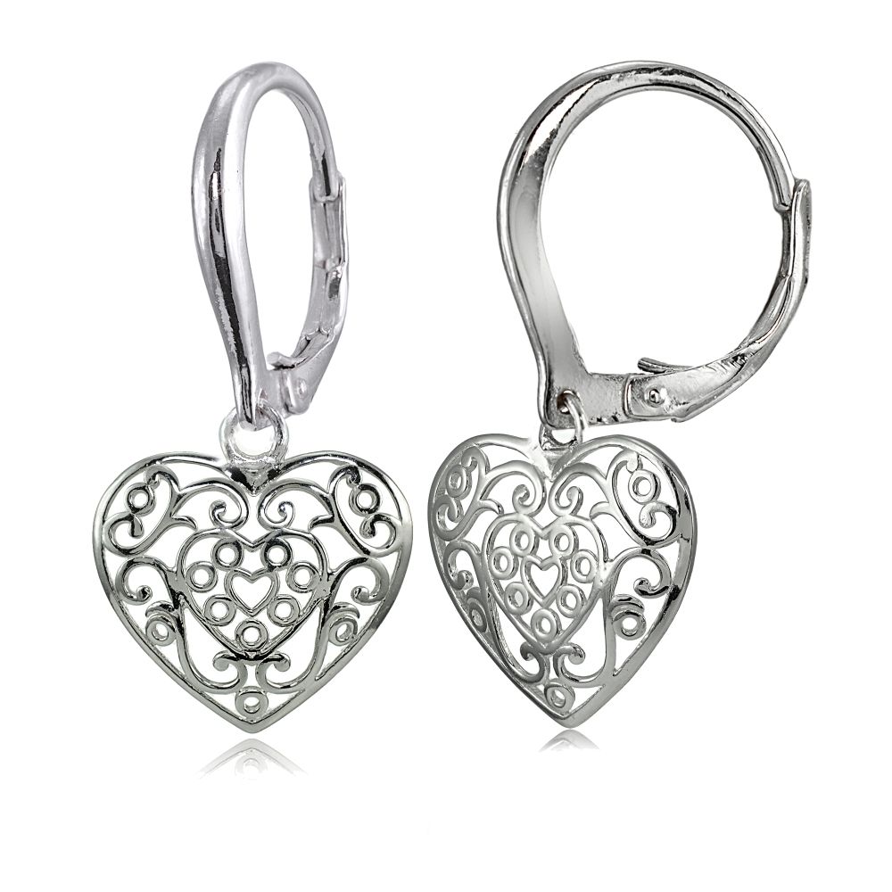Sterling Silver High Polied Filigree Heart Dangle Leverback Ohrringe