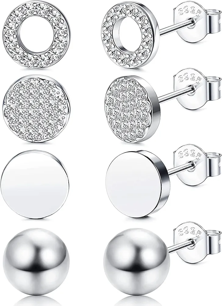 4 Paare 925 Sterling Silber Round Stud Ohrringe Set für Frauen Mädchen Silber Ball CZ Stud Ohrringe Kubik Zirkonia 8MM Ohr-Stapel hypoallergen Ohrringe Geschenk für Sie