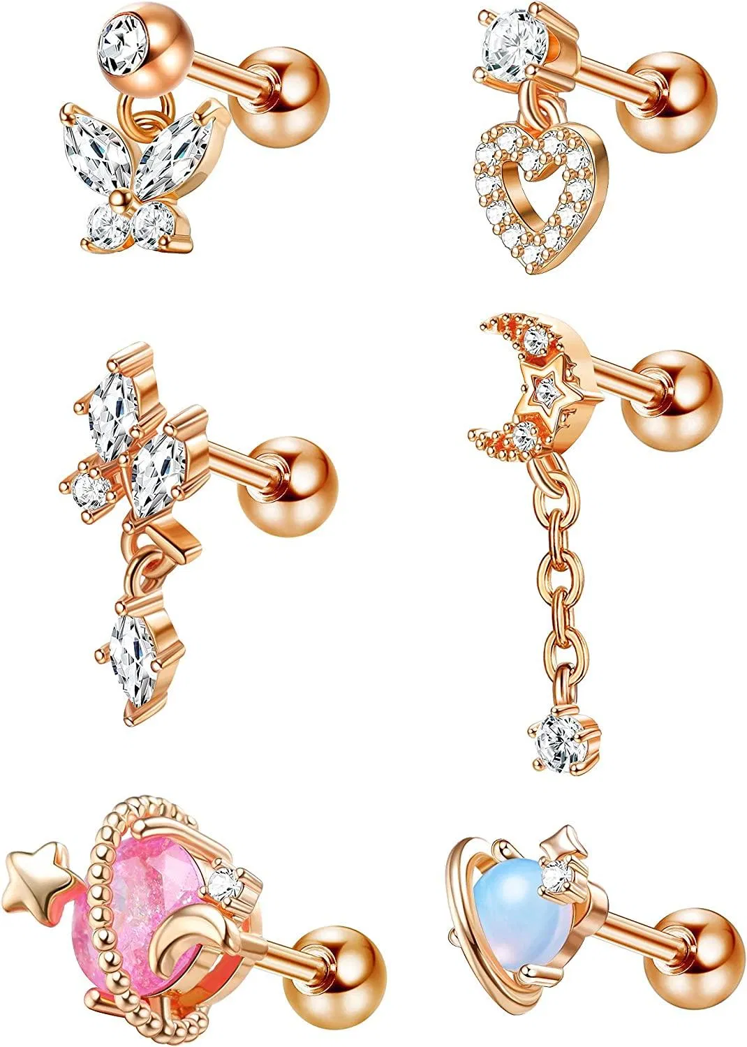 6pcs 16G 316L Edelknorpel Ohrringe Dangle Helix Knorpel Tragus Ohrringe Studs Mond Schmetterling Herz Saturn Ohr Piercing für Frauen Männer