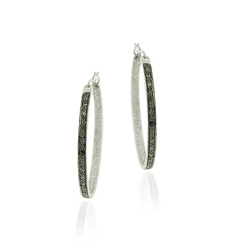 Sterling Silver Black Diamond Accent 22mm Oval Hoop Ohrringe