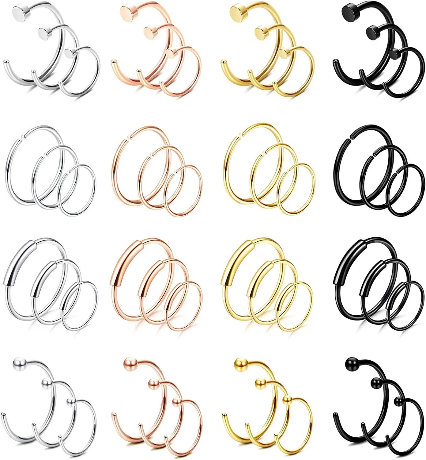 48 Stück 20G Edelstahl Nasenringe C-Form Nasenschreifen für Männer Frauen Flat Ball Infinity Lippen Nasen Piercings Knorpel Tragus Helix Ohr Piercing Set