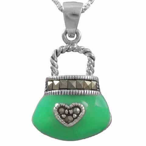 Sterling Silber Marcasite Grüne Geldbörse Anhänger