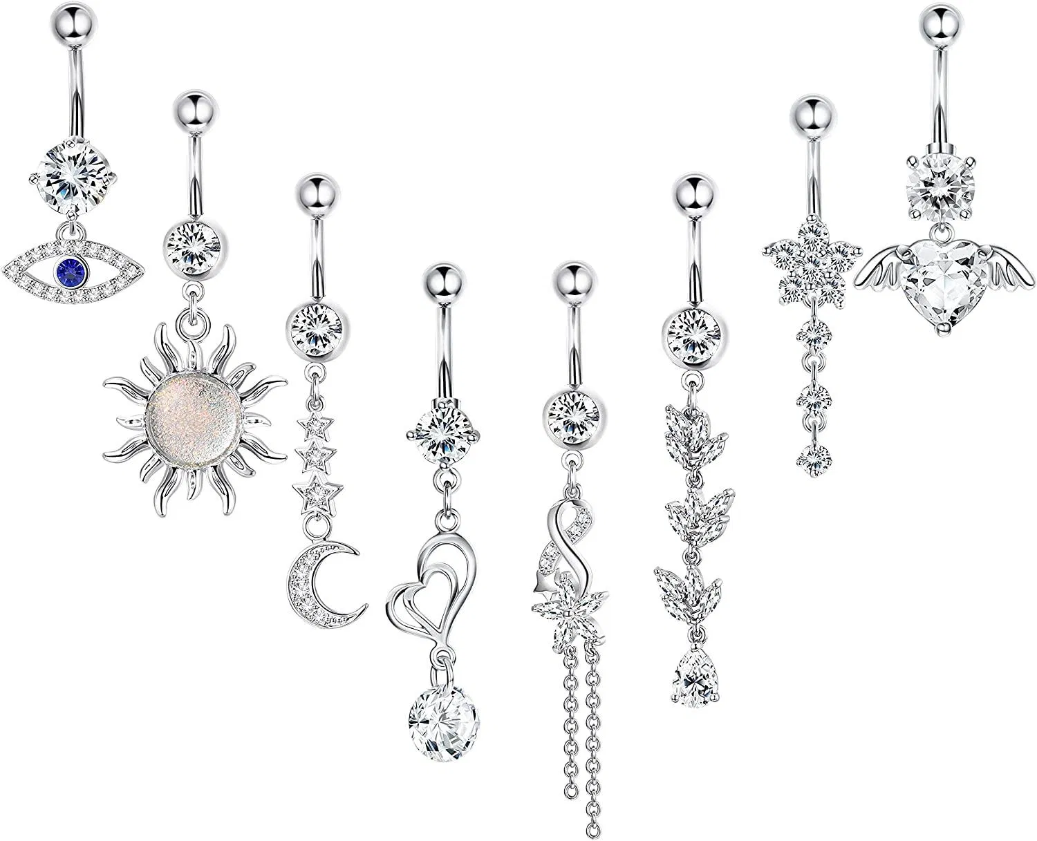8 Stück 14G Bauchknopfringe Hängende chirurgische Bauchringe für Frauen Mädchen böse Auge CZ Nabelringe Barbell Körper Piercing Silber Rose Glod