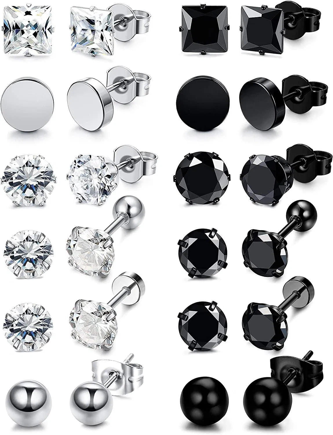 12 Paare Edelstahl Schwarz-Weiß - Stud-Ohrringe für Männer Frauen Cool CZ Ohr Piercing Ohrring Schmuck 3 - 8mm