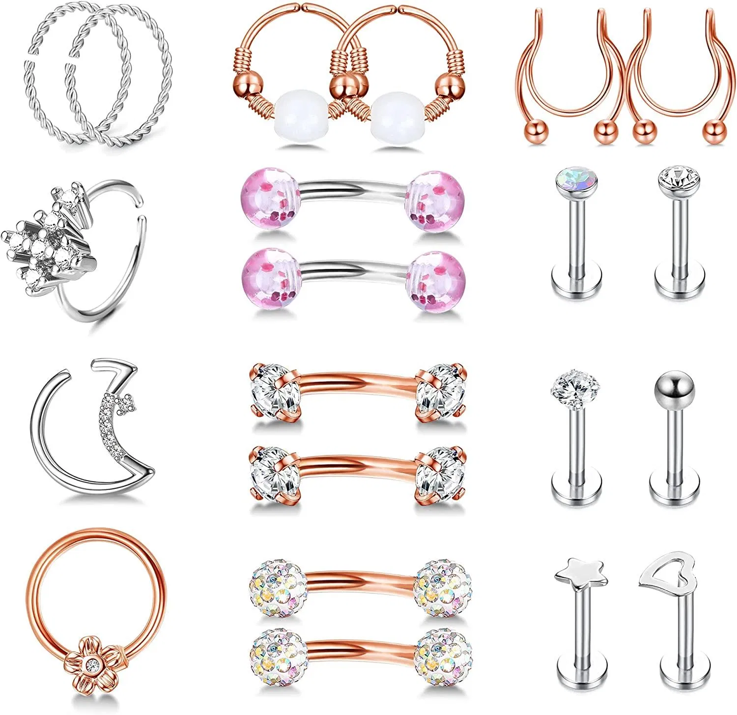 21Pcs Rook Daith Piercing 316L Edelstahl 20g Knorpel Tragus Ohrringe Schleife 16g gebogen Barbell Augenbrauen Ringe Labret Stud Nasen Septum Lippe Helix Piercing für Frauen