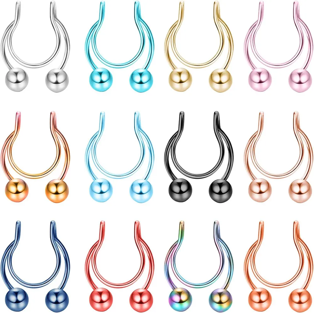 12Pcs Fake Septum Ring Edelstahl Fake Septum Nasen Ringe Doppel-Hoop - Clip auf Hufeisen Bull CZ Nasen Ring Hoop für Männer Frauen Nicht-Piercing - Schmuck