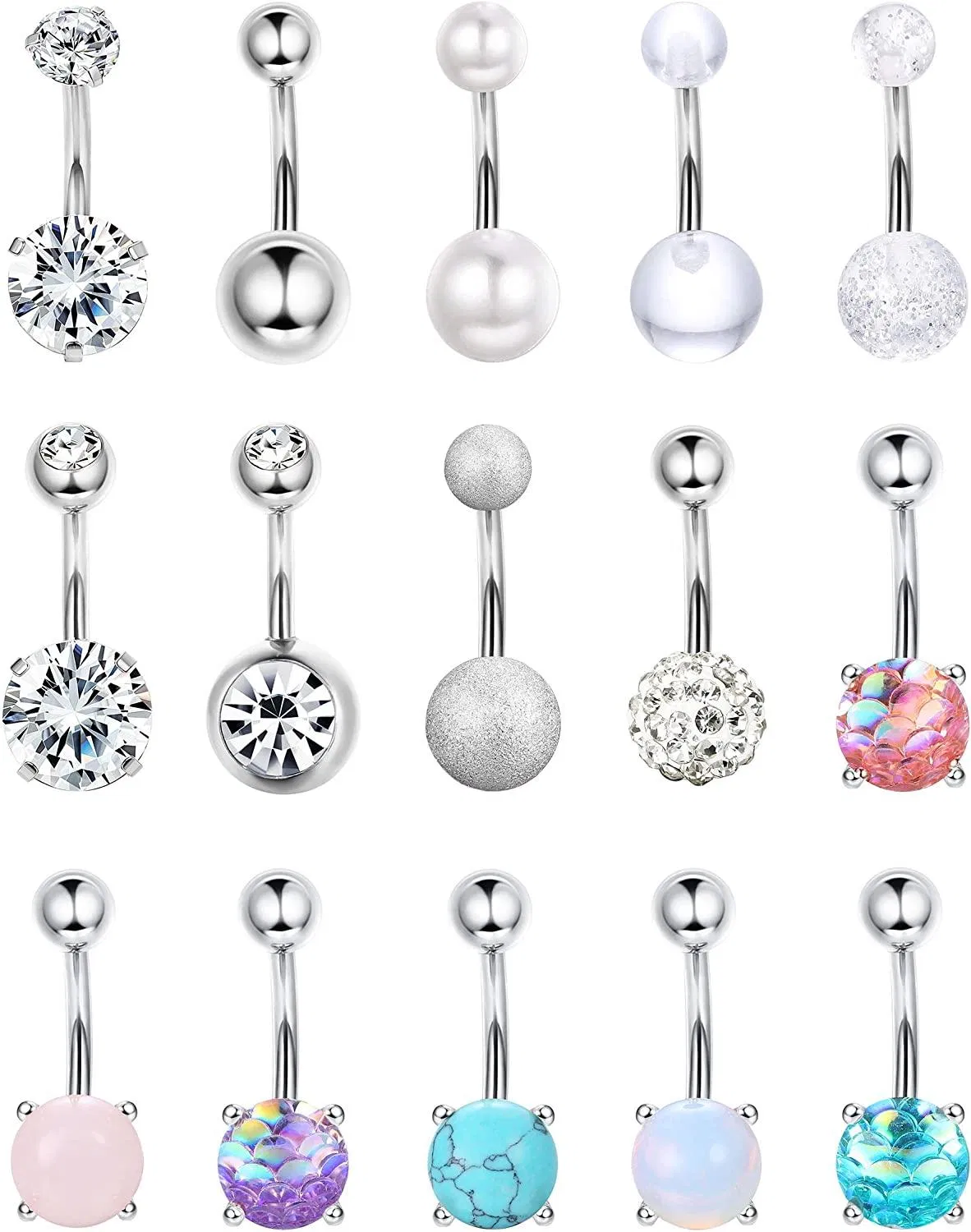 15pcs 14G Bauchknopfringe für Frauen Edelstahlknopfringe CZ Opal Nabel Bauchringe Barbells Körper Piercing Schmuck