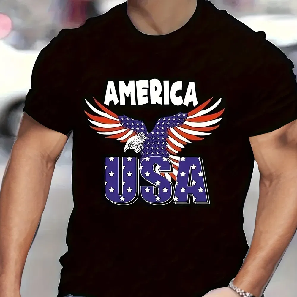 Eagle Printed T-Shirt, Sommer Männer Casual Street Style Elastic Round Neck T-Shirt