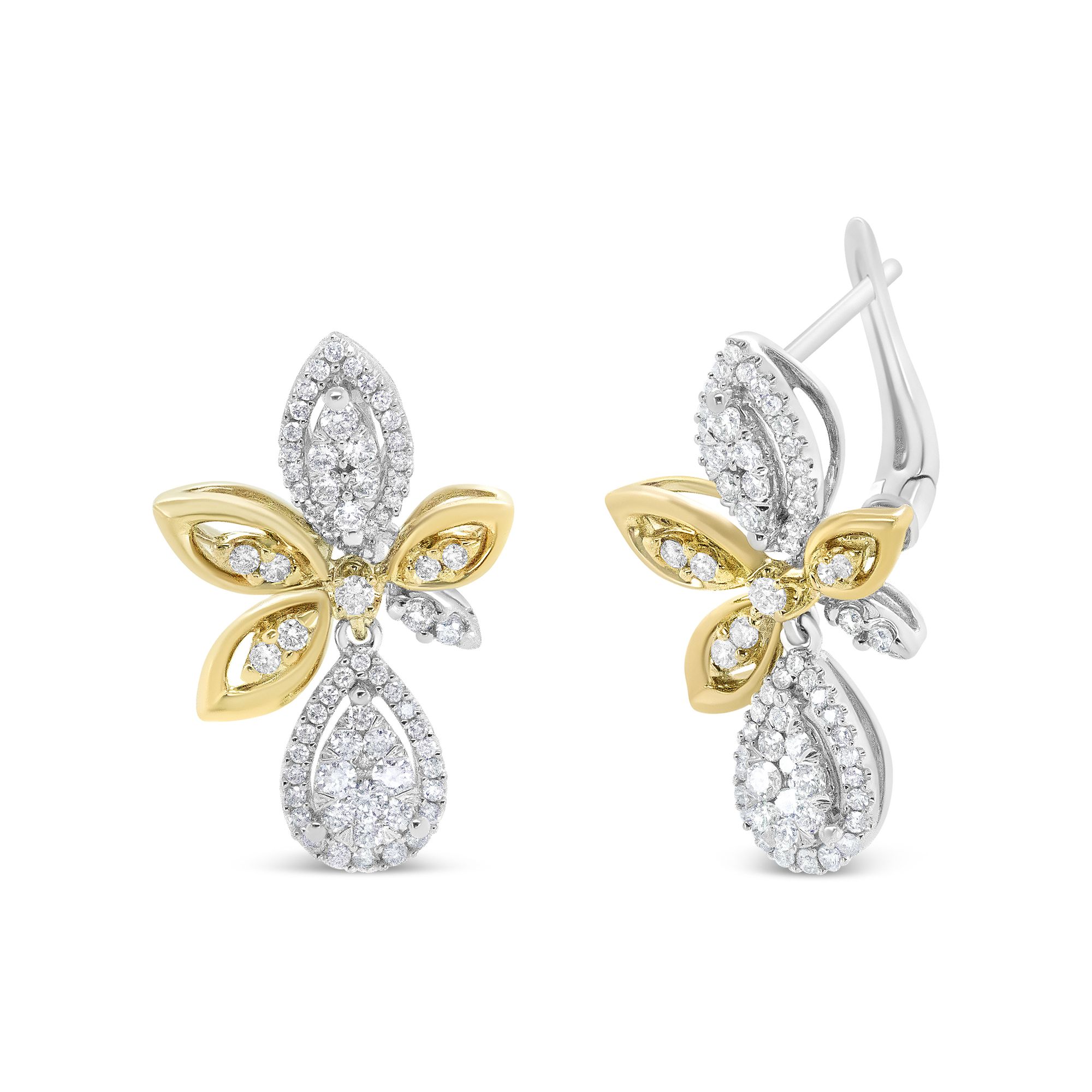 14 Karat Weiß - und Gelbgold 1,00 Cttw Round Pave-Set Diamant Tränentropfen und Marquise-Form Drop Dangle Ohrringe (H-I Farbe, SI1 - SI2 Klarheit)