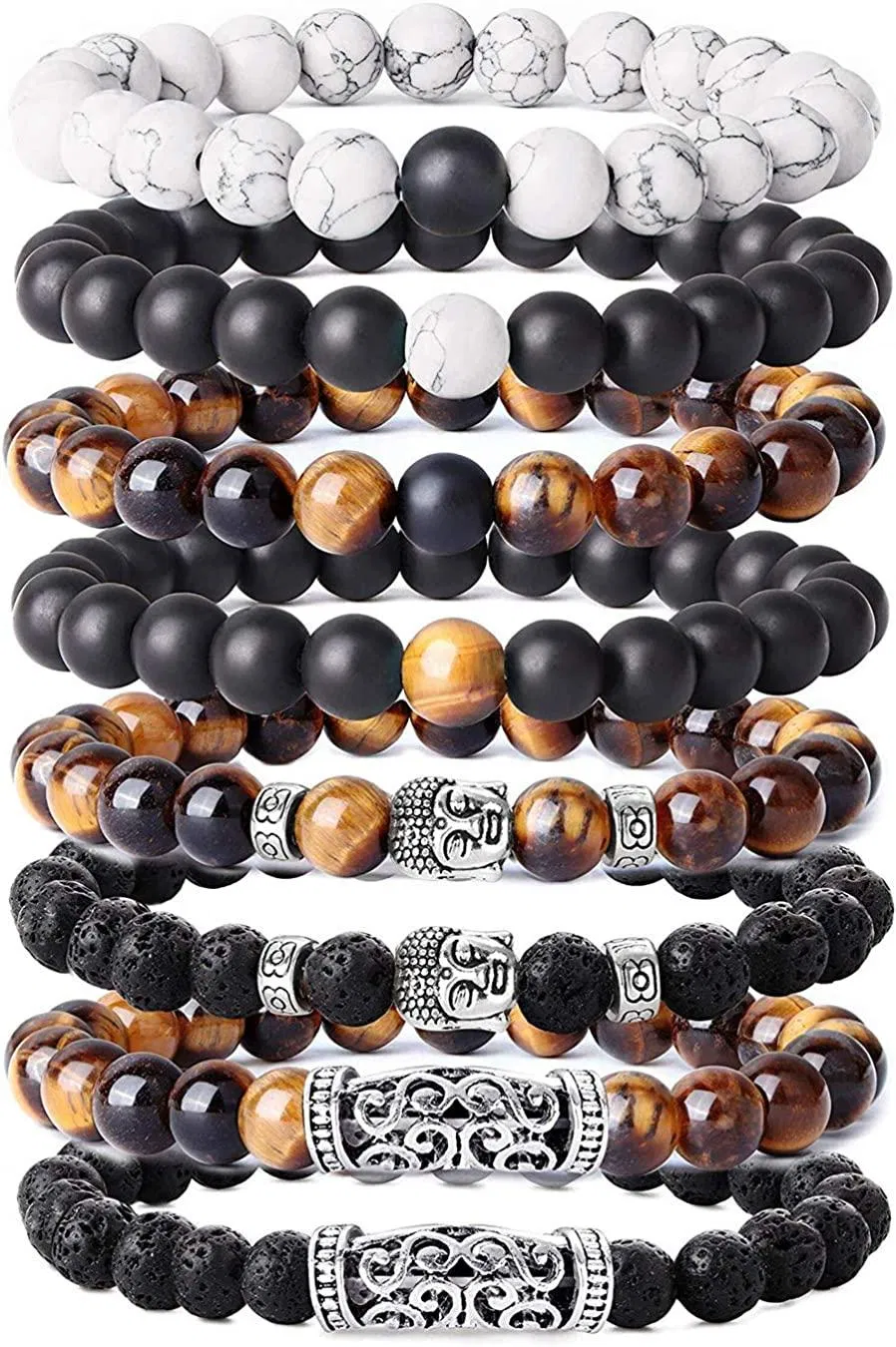 6PCS 8MM Perlen Armbänder für Männer Charme Vulkanstein Gelb Tiger Auge Armband Weiße Kiefer Buddha Kopf Armband Rock Goth Punk Elastisches Armband Set