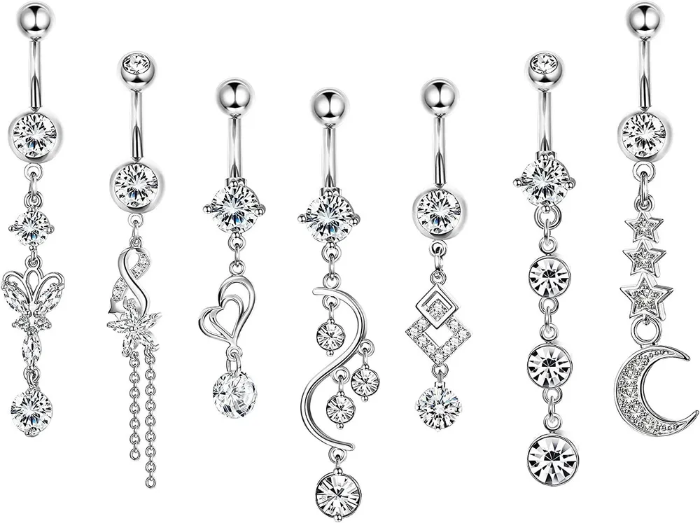 7 Stück 14g Bauchknopfringe Dangle für Frauen Edelstahl Bauchknopfringe süße Nabelringe Clear CZ Inlay Barbell Bauch Piercing Schmuck