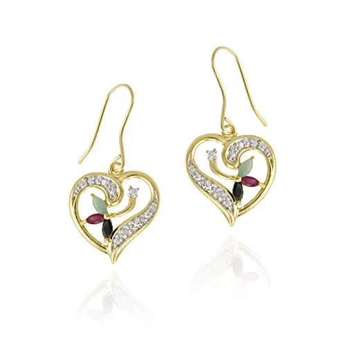 18 Karat Gold über Sterling Silber Rubin, Saphir, Smaragd & Diamant Herz Dangle Ohrringe