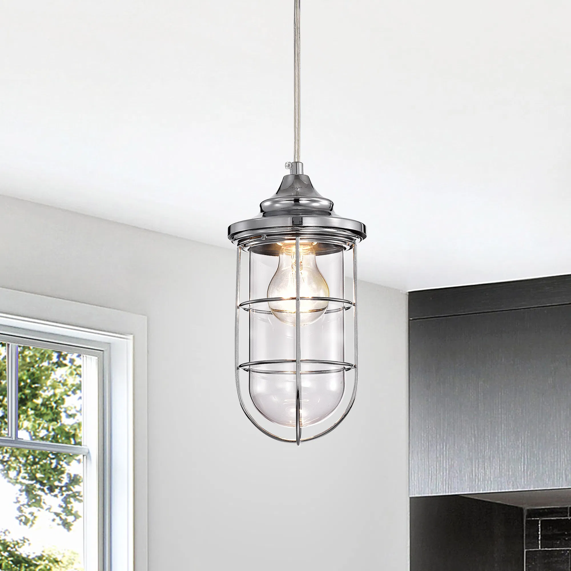 Tiago Chrome 1 Licht klares Glas Schatten Anhängerlampe