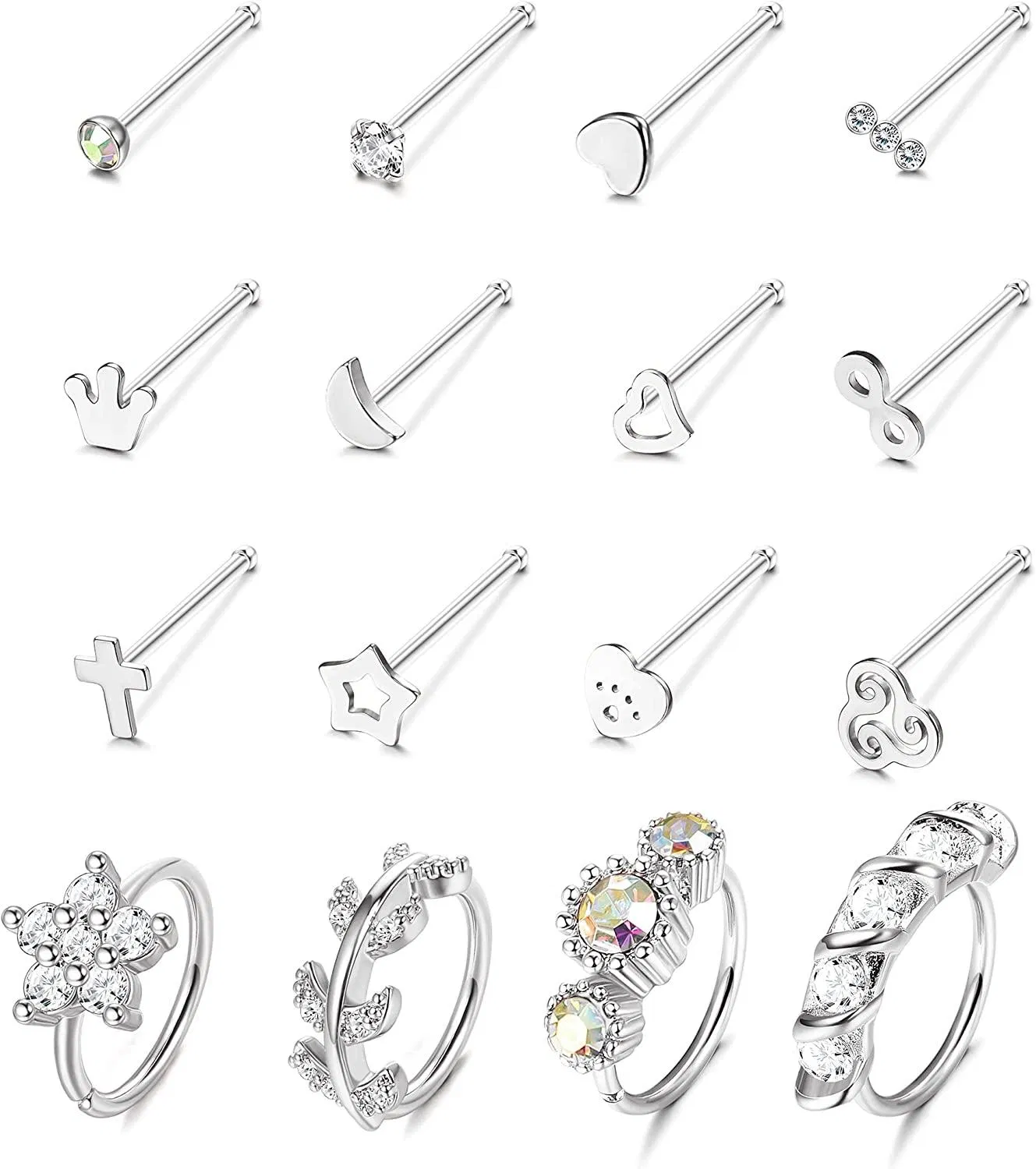 16Pcs 20G Edelstahl Nasen Ringe Schleife für Frauen Männer Knochen Nasen Ringe Studs gepflastert CZ Blumenblatt Herz Mond Nasen Piercing Set