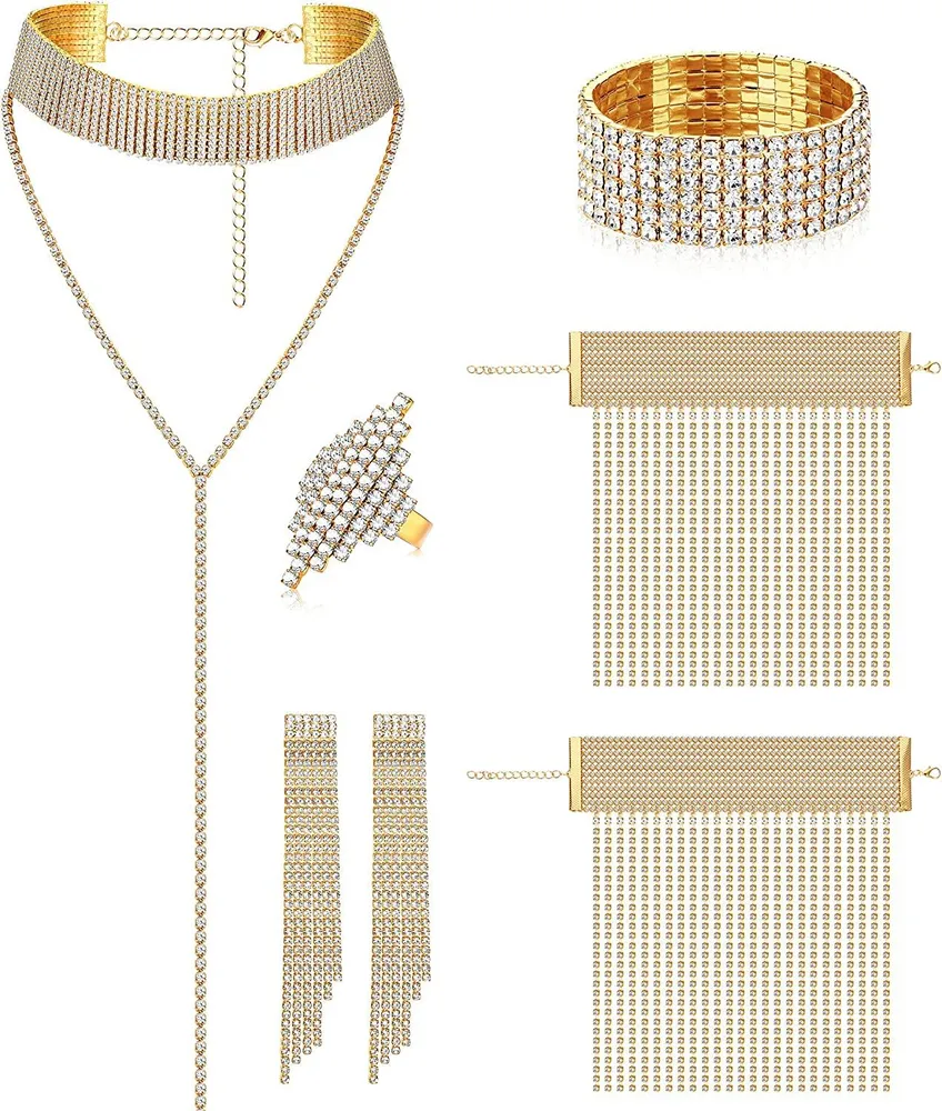 5 Stück Frauen Kristallschmuck Set Rhinestone Tassel Ohrringe Halskette Knöchel Armbänder Stretch Armband Ring Hochzeit Schmuck Set