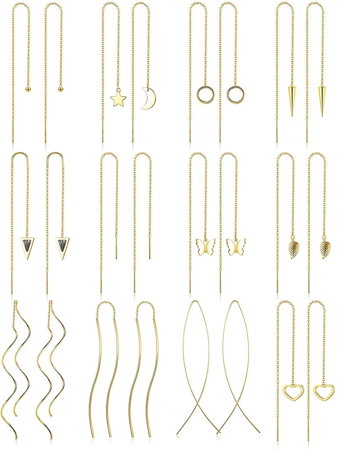 12 Pairs Edelstahl Threader Ohrringe für Frauen Kette Tassel Ohrringe Double Twist Wave Dangle Drop Chain Ohrringe Set