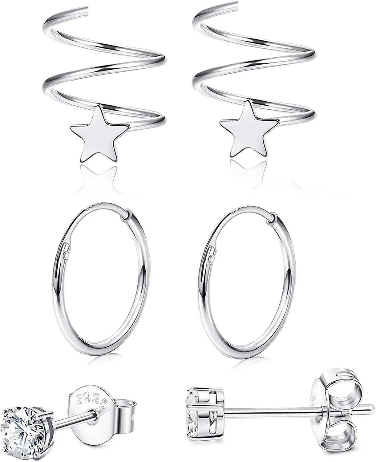 925 Solid Silver Love Heart Small Hoop Huggies Ohrringe Frauen Mädchen Star Wrap Knorpel Ohrringe Dainty Ohr Manschetten Ohrringe Schläfer Tiny CZ Stud Helix Conch Ohrringe Hypoallergen Set von 3 Paaren