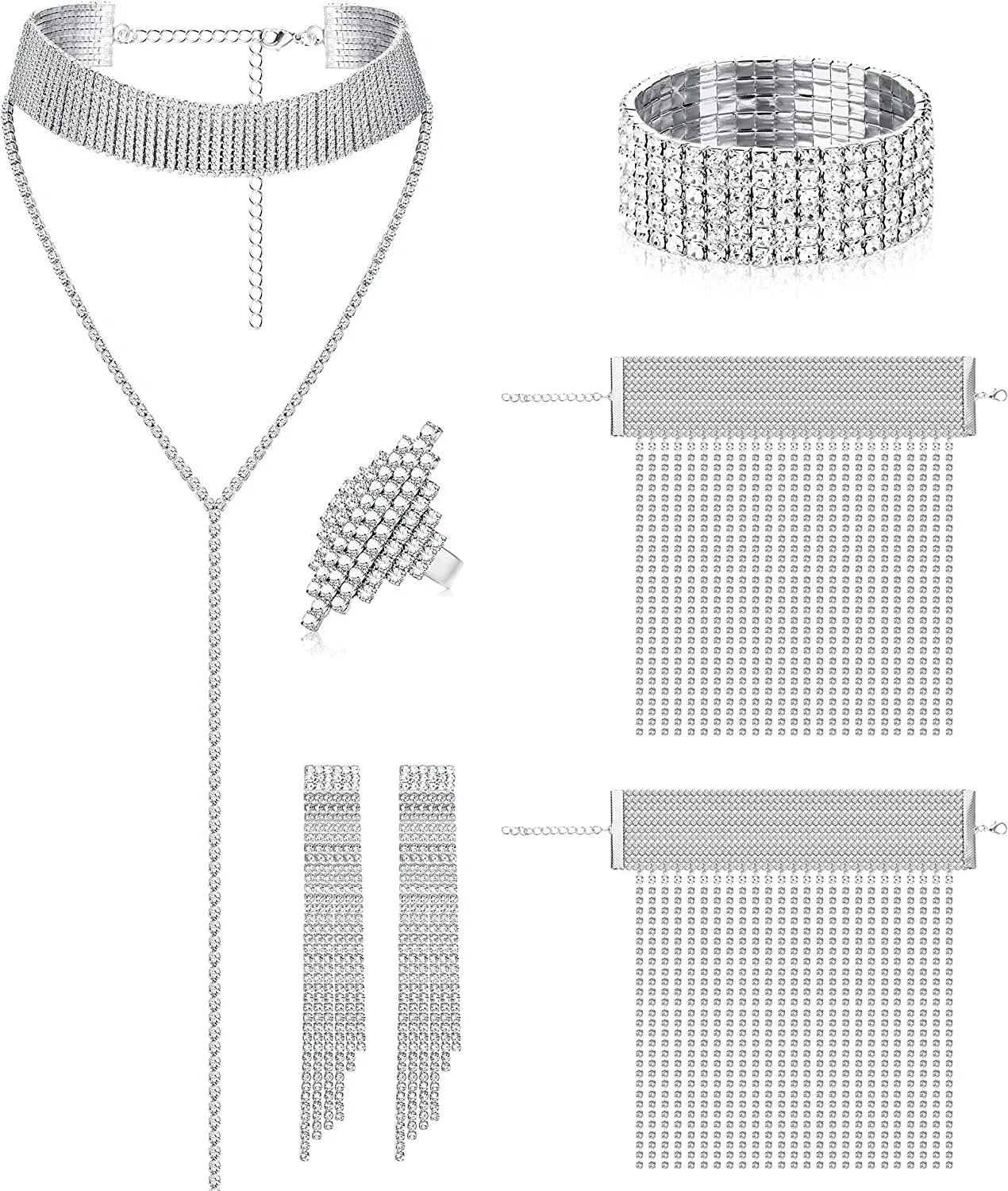 5 Stück Frauen Kristall Schmuck Set Rhinestone Tassel Ohrringe Halskette Knöchel Armbänder Stretch Armband Ring Hochzeit Schmuck Set für Braut