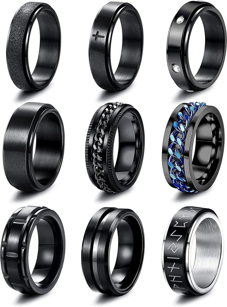 9pcs schwarze Spinner Ringe für Männer Frauen Edelband Ringe Cool Chain Fidget Ring für Angst Ringe für Männer Jungen Angst Erleichterung Stress Ring Hochzeit schwarze Band Ring Größe 9