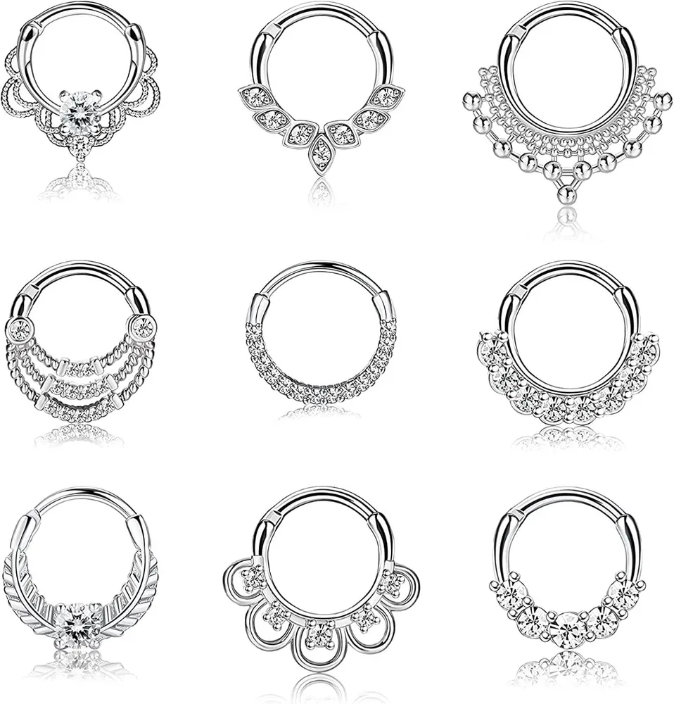 9PCS 16G Septum Ringe CZ Daith Piercing Edelstahl Knorpel Helix Tragus Ohrringe Scharnier Hoop Nasen Ringe Septum Clicker Ringe Piercing 8mm