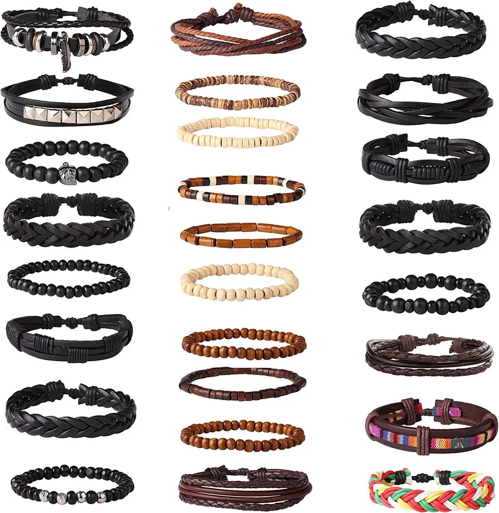 26 Pcs geflochtenes Lederarmband für Männer Frauen Manschetten Wrap Link Perlen Armband verstellbar