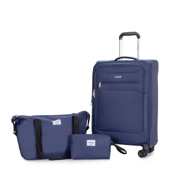 3-Stück Set (18 / Travelbag / Toilettentasche), Softshell Koffer Spinner Räder Terylen Polyester Gepäck Sets Tragen auf Koffer Gepäck Leichtgewicht Langlebiger Koffer Blau