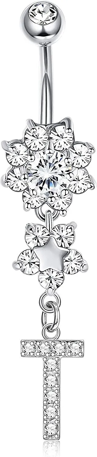 14G Dangle Bauchknopfringe für Frauen Edelstahl Nabelringe mit Initialen Clear CZ Bauchringe Barbell Body Piercing Schmuck