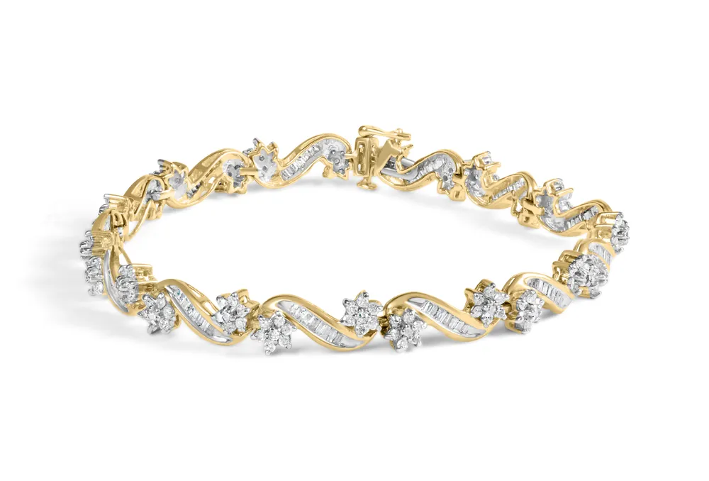 10 Karat Gelbgold 3,00 Cttw Round-Cut und Baguette-Cut Floral Link 7.25