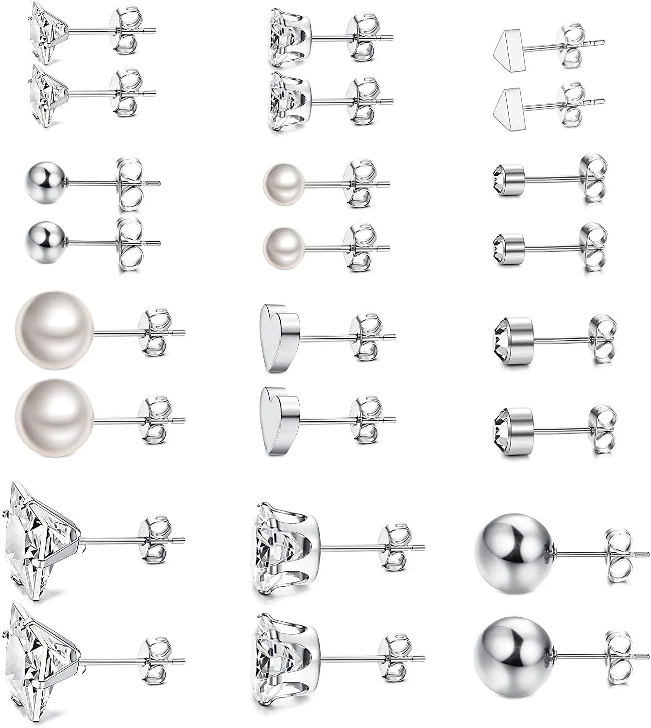12 Pairs Surgical Steel Stud Ohrring Set Ohrring Ball Dreieck Herz CZ Ohrring