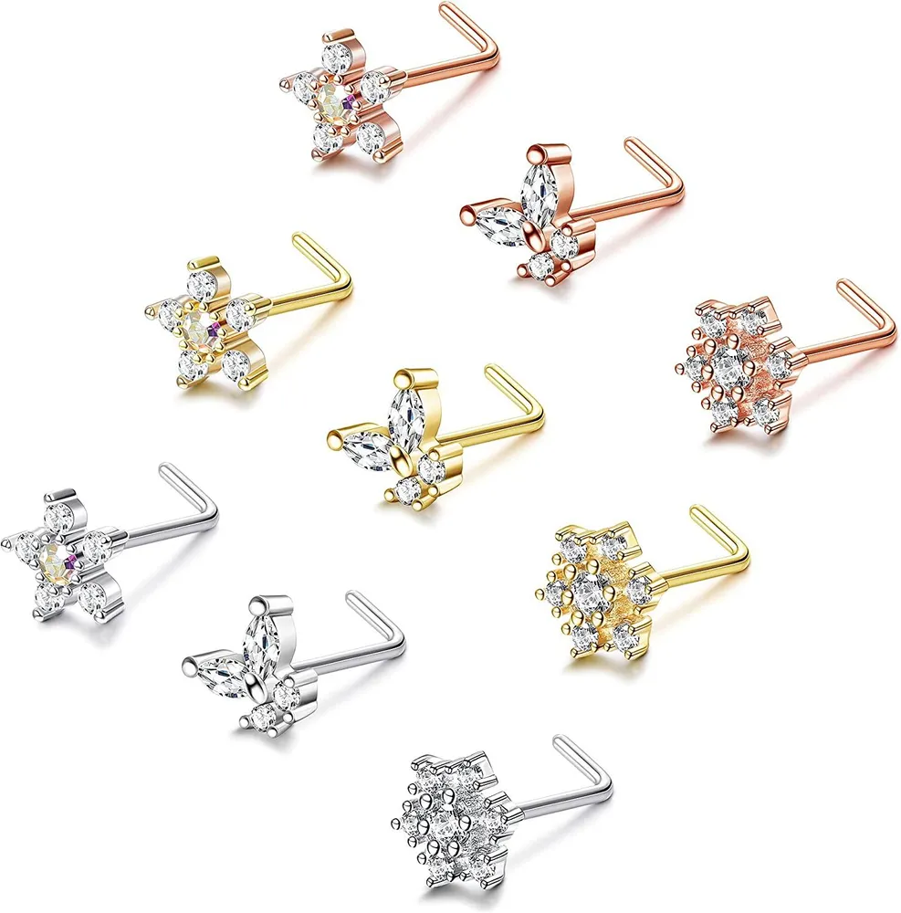 20G Nasenringe Stud L-geformte Nasenringe Schraube Nasenringe 316L Chirurgische CZ Nasenringe Schneeflocken Schmetterlingsblume Nasenringe Nasen Piercing 9Pcs