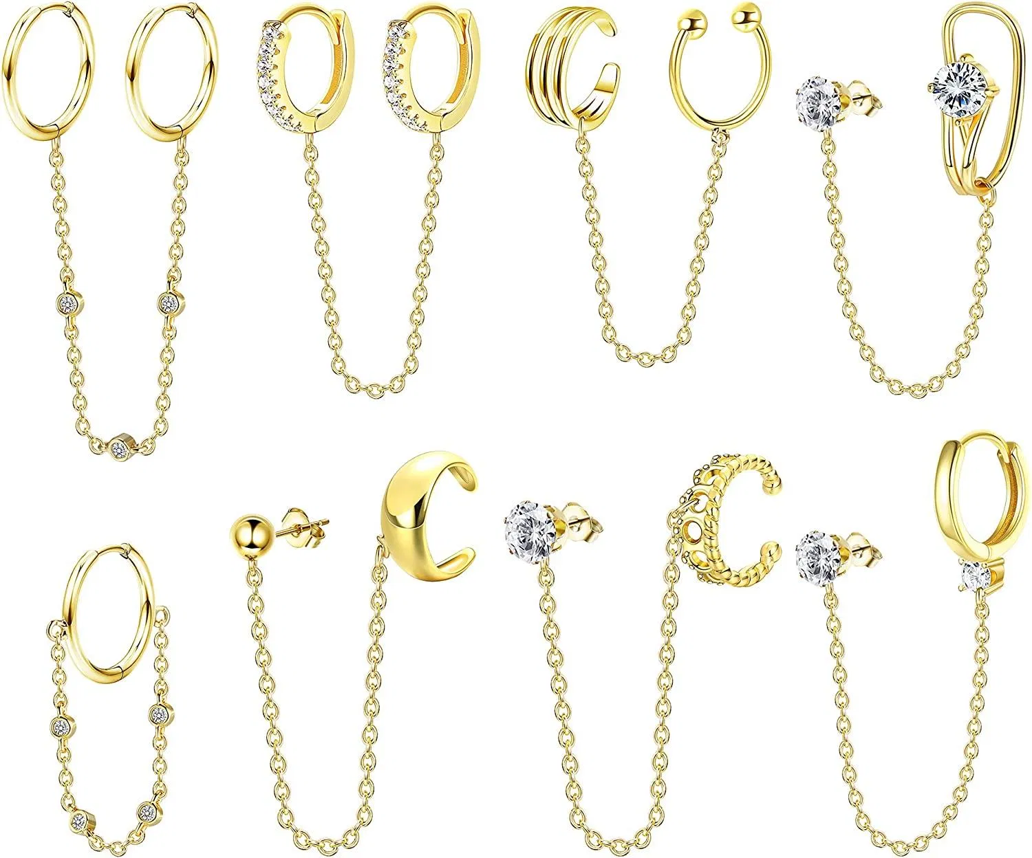 8PCS Kette Ohrringe für Frauen Huggie Wrap Ohrringe mit Kette CZ Doppelhoop Ohrringe Minimalist Chain Cuff Ohrringe