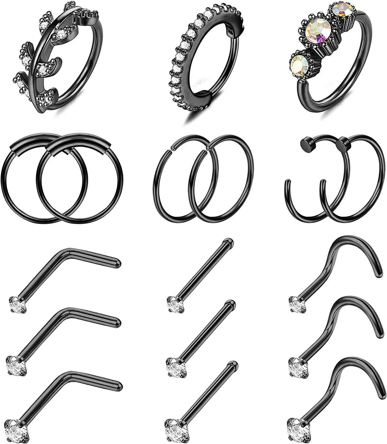 18PCS 20G Nasenringe Hoop Studs Chirurgische Knorpel Ohrringe Körper Piercing 1.5mm 2mm 2.5mm CZ Schraube L geformte Knochen Nasenloch Piercing für Frauen Männer