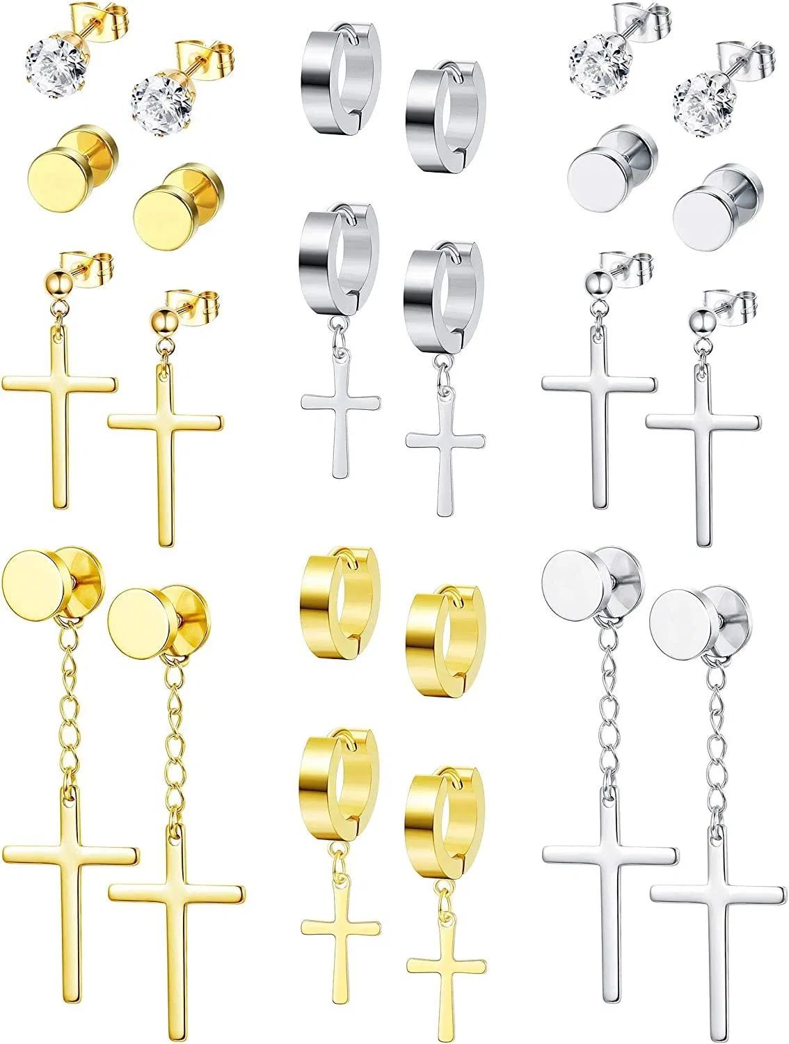 12 Paare Edelstahl Kreuz Dangle Ohrringe Set für Männer Scharnier Hoop Ohrringe Punk Huggie CZ Stud Ohrringe
