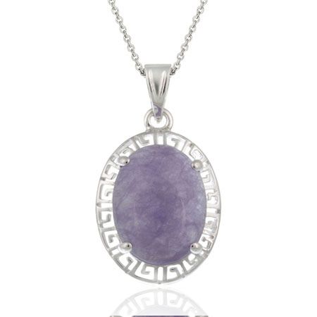 Sterling Silber Lavendel Jade Griechischer Schlüssel Oval Anhänger