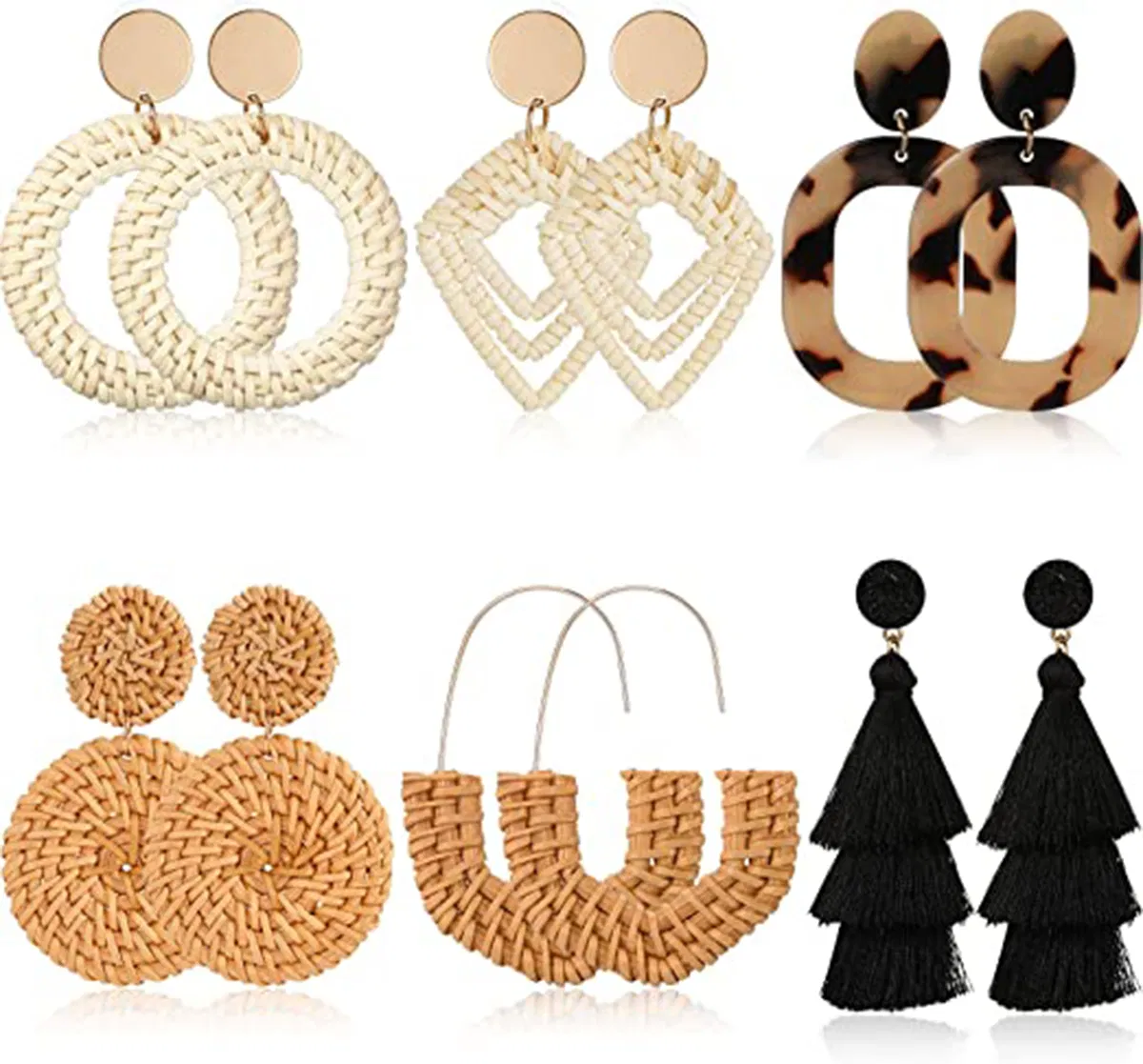6 Pair Rattan Stroh Ohrringe, Boho Ohrringe Handgemachte Wicker Drop Ohrringe Frauen