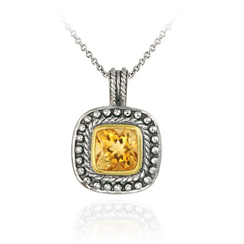 Sterling Silber Zwei Tone Designer Inspired Citrine Quadrat Anhänger w / Perlen Grenze