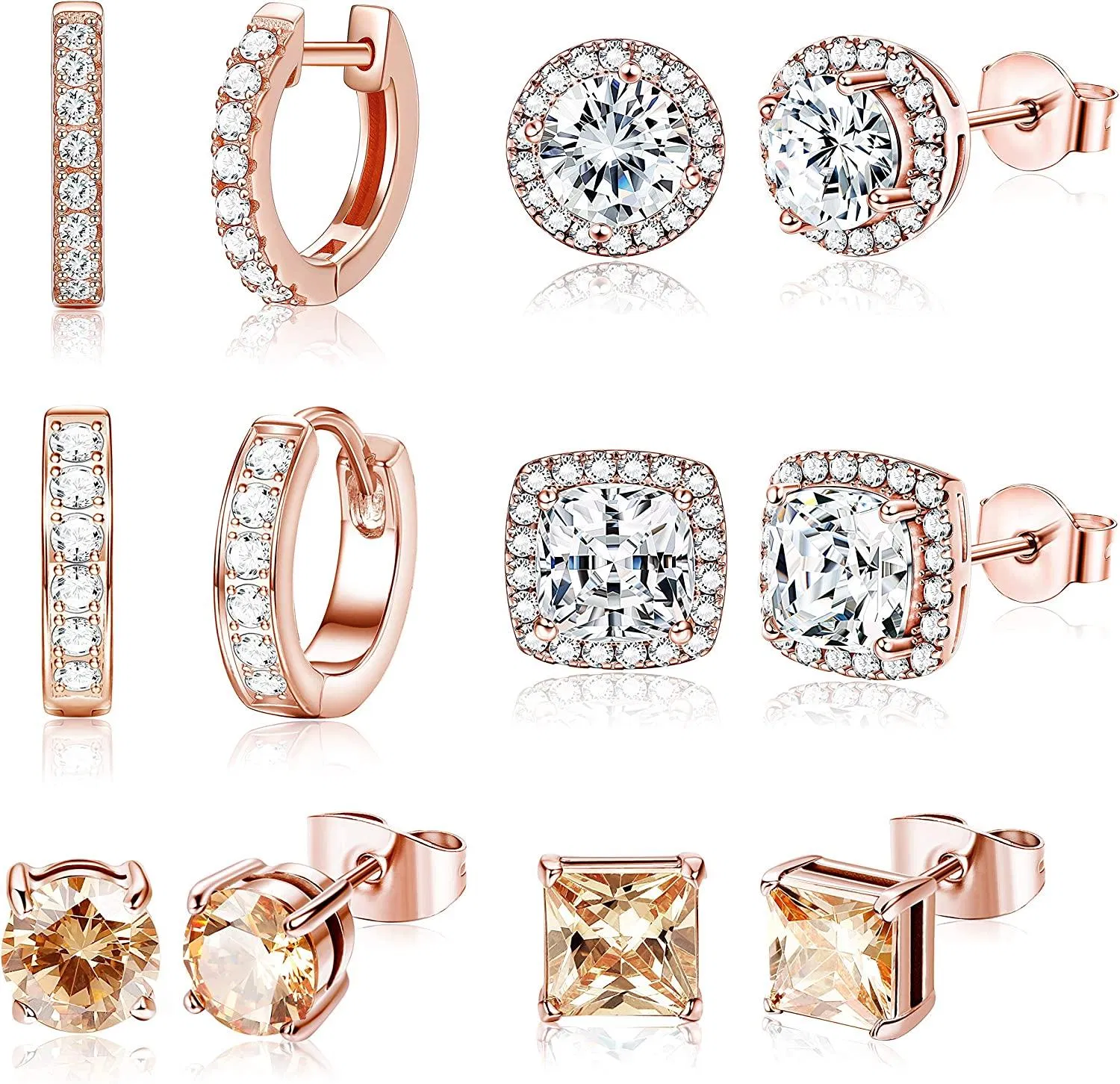 6 Paare Stud Ohrringe für Frauen Round Square Clear CZ Halo Ohrringe Huggie Tiny Small Hoop Ohr Piercing Set