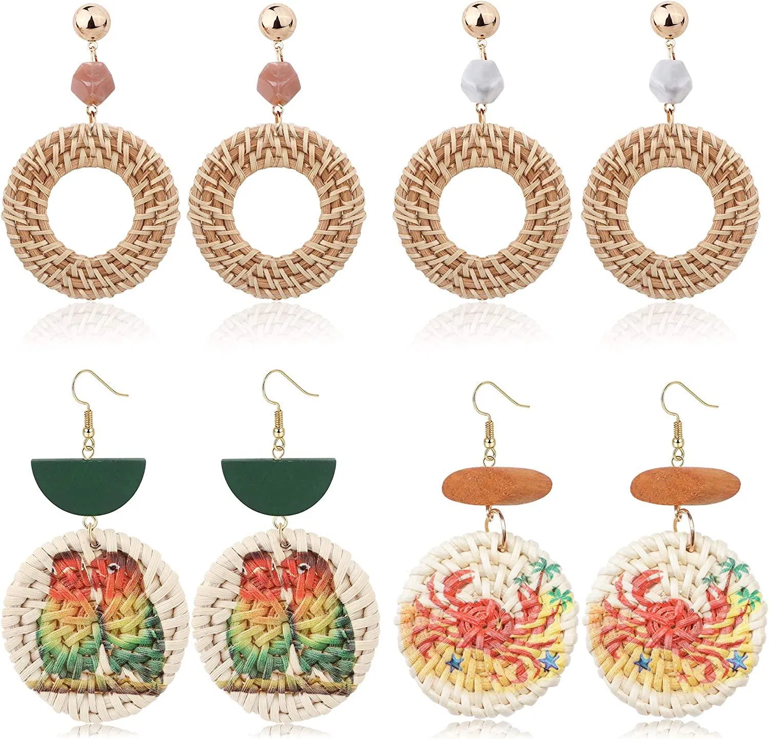 4 Pairs Handgemachte Rattan Dangle Ohrringe für Frauen Leichtgewicht Tiere Druck Statement Hoop Ohrringe Set