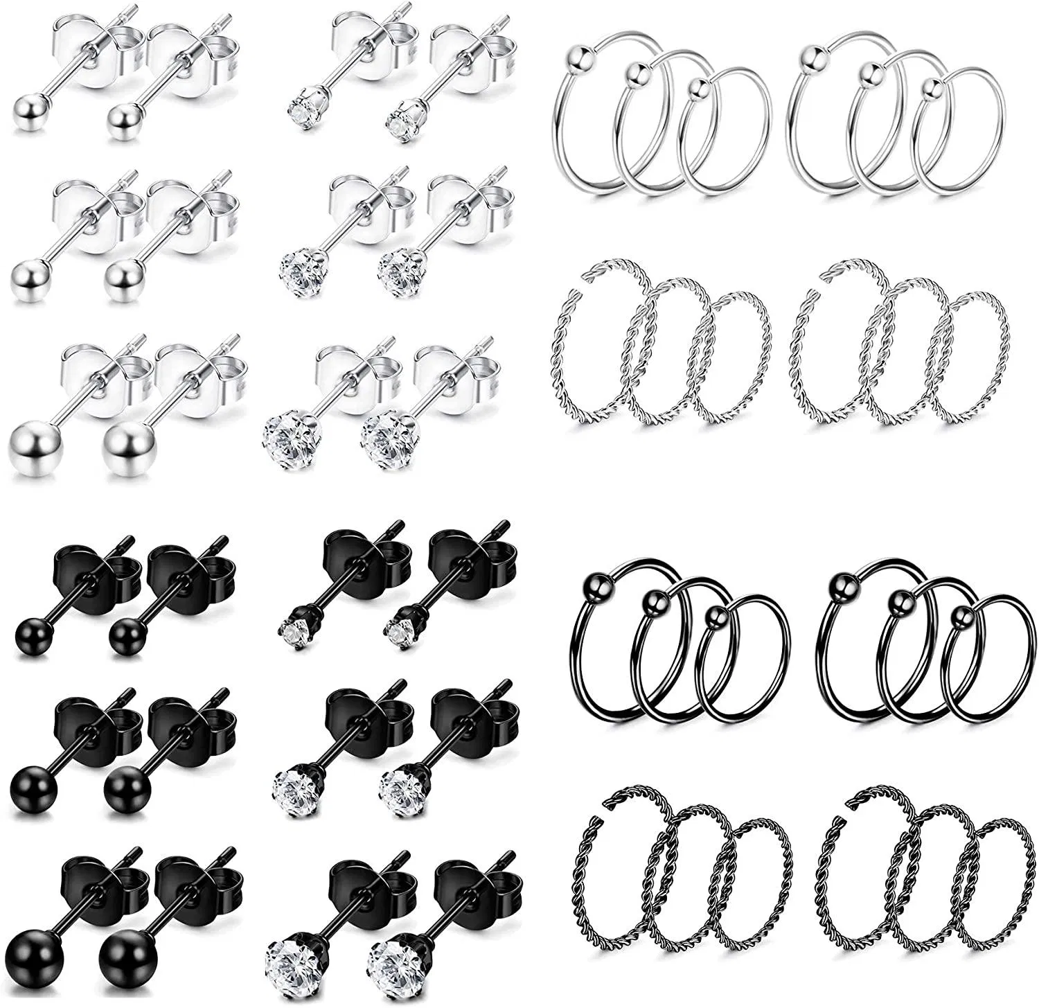 24Pairs Edelstahl Tiny Stud Ohrringe für Männer Frauen kleine Endlosen Hoop Ohrring CZ Ball Stud Ohr Tragus Helix Piercing Schmuck