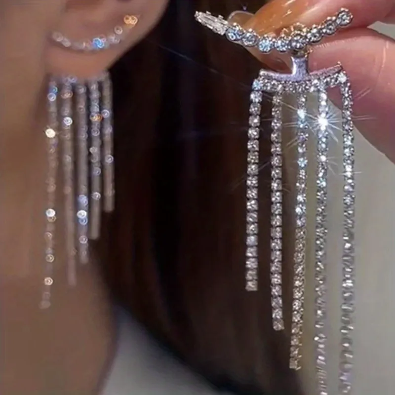 Funkelnde Zircon Tassel Design Dangle Ohrringe minimalistischen Stil Zinklegierung Schmuck trendige weibliches Geschenk