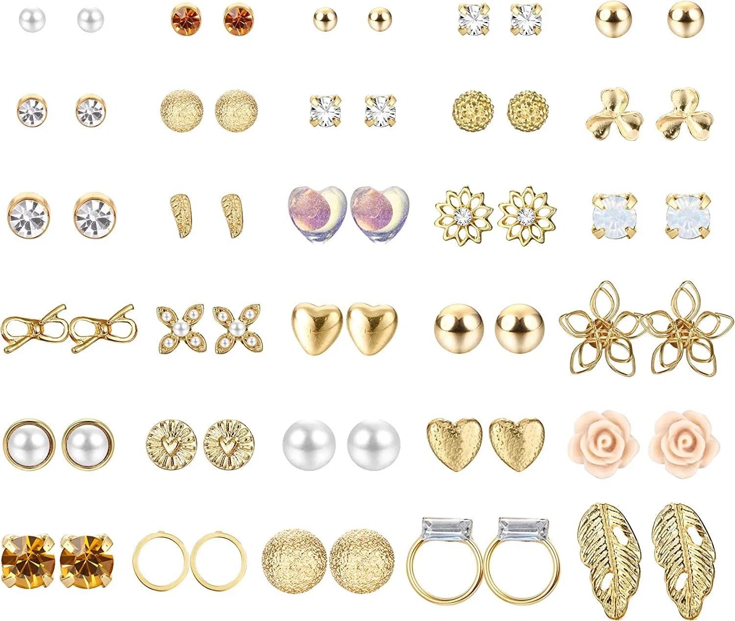 30 Paare Gold Stud Ohrringe für Frauen Herz-Blumen - Blattkreis CZ Ball Ohrringe Stud Small Stud Ohrring Pack