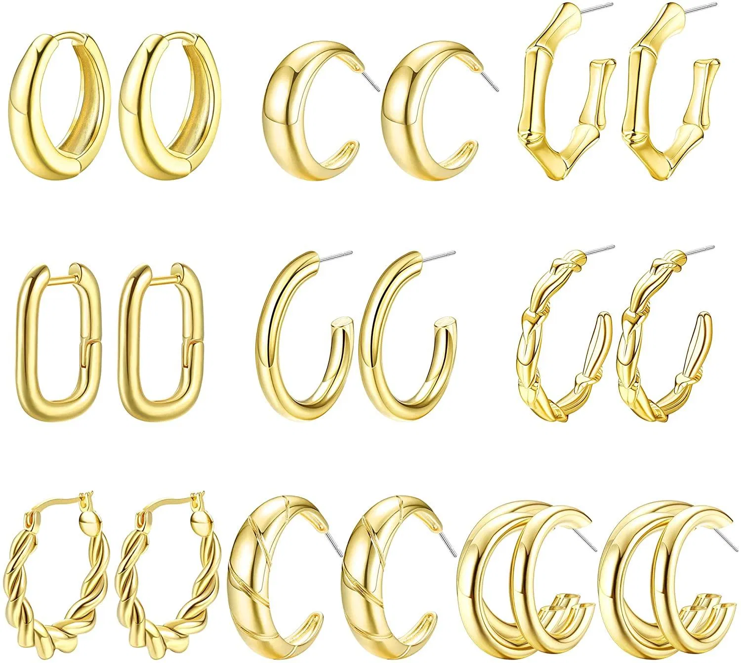 9 Paare Chunky Gold Hoop Ohrringe Set für Frauen Hypoallergen Dicke Offene Twisted Huggie Hoop Ohrringe Schmuck