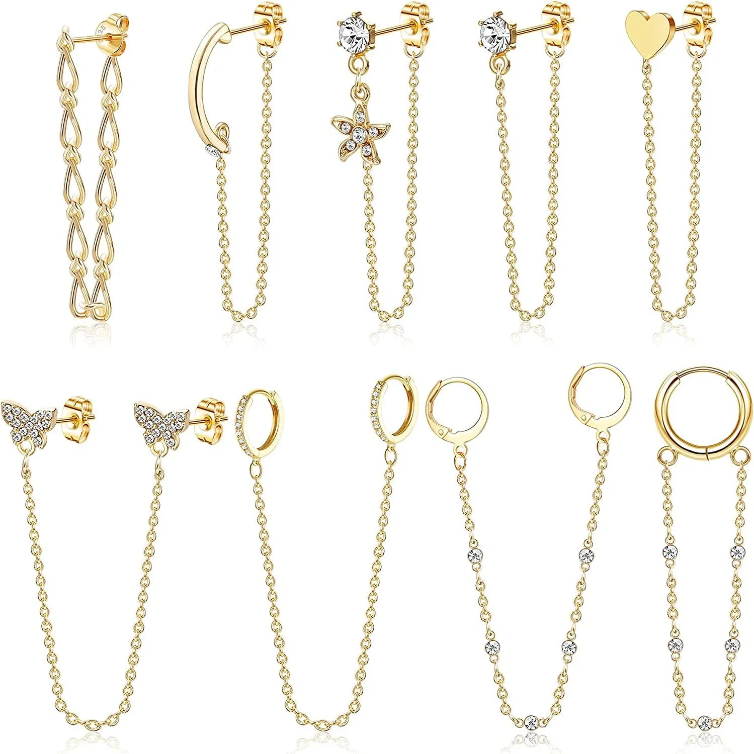 9 Pcs Chain Stud Ohrringe Set für Frauen Doppellöcher Hoop Dangle Ohrringe mit Kette Minimalist Cuff Cartilage Ohrringe